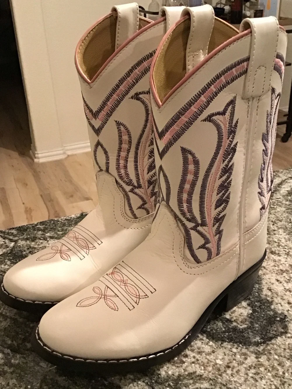 Shyanne White Kids Western Embroidered Cowboy Boots with Pink & Purple Accents